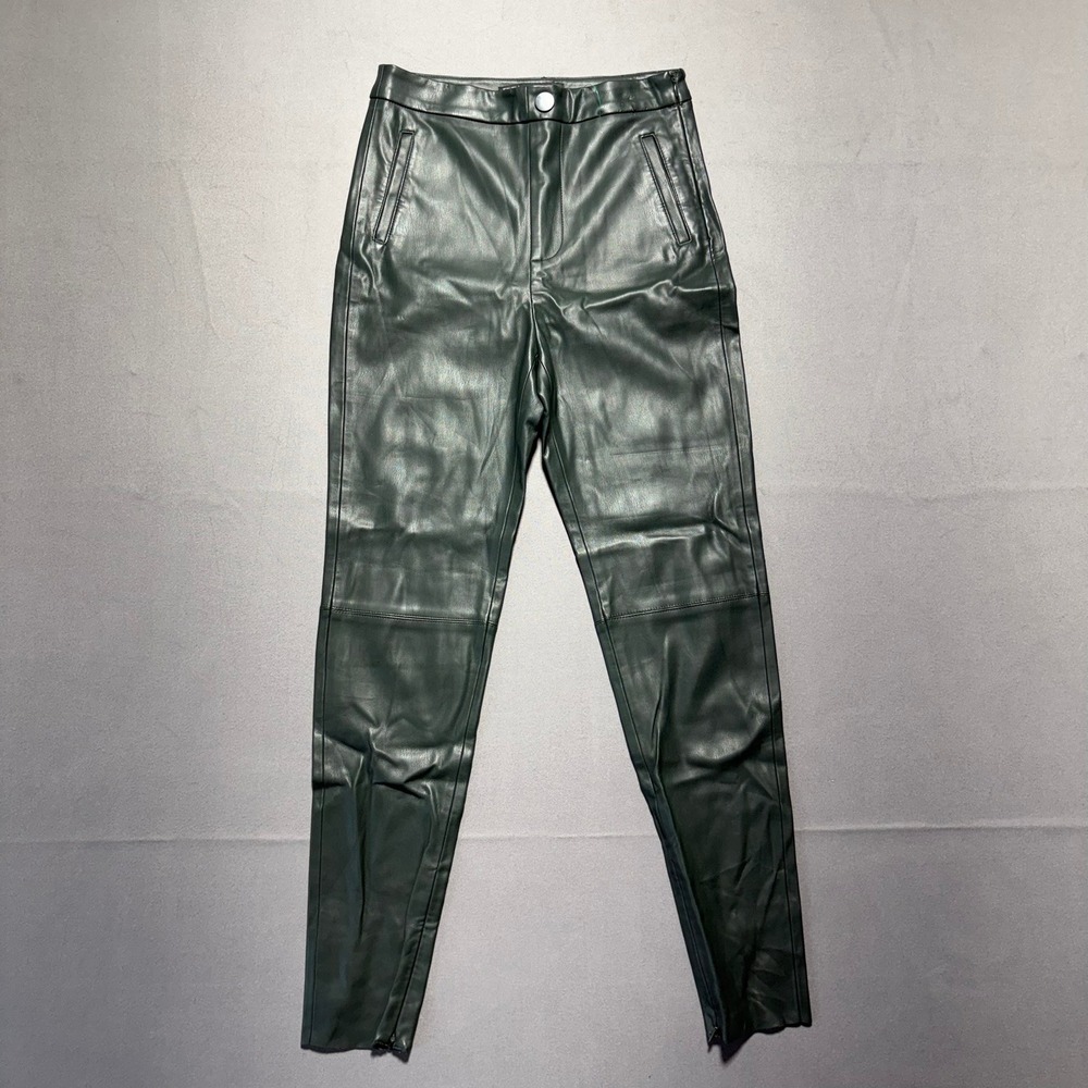 Zara Forest Green Faux Leather High Waisted Pants Ankle Zip XS